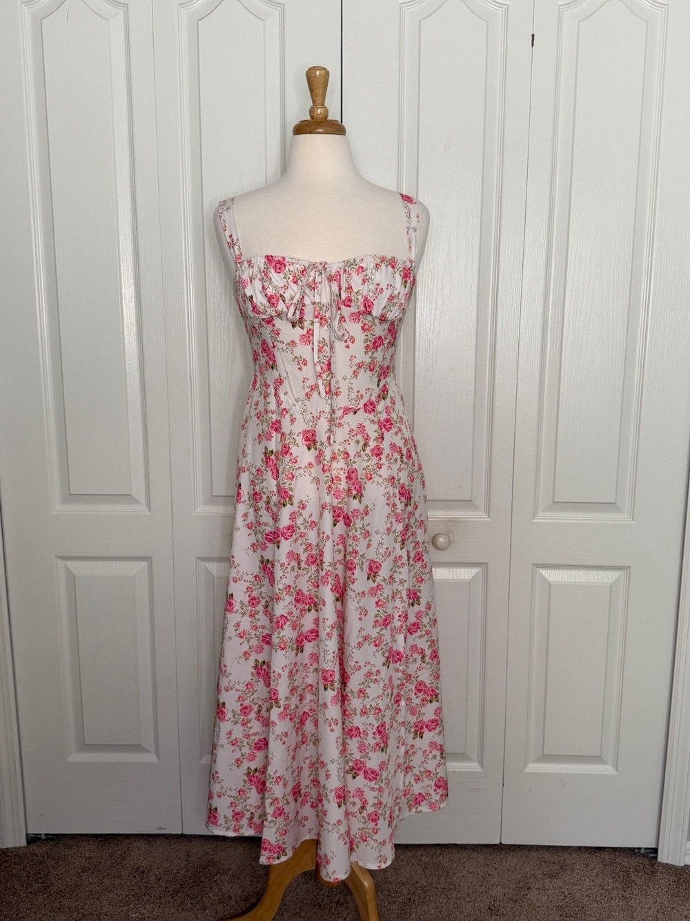 Romantic Pink Floral Sweetheart Midi Dress | Cottagecore | Small